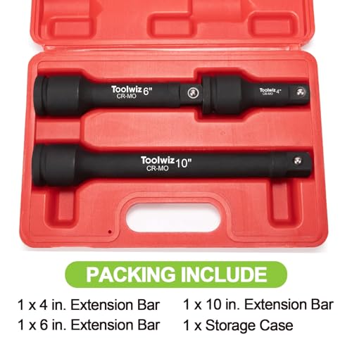 Image of Toolwiz 3 /4 inch Drive Impact Extension Bar 4 inch, 6 inch, 10 inch (3 Piece) Cr-Mo Steel | Expand Range of Impact Drivers, 3 /4 inch Ratchet Wrench Extension Bar Socket Set Organized in Heavy Duty PVC Box, Black