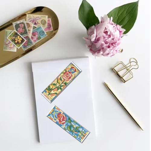 Image of FREEBLOSS 6 Set Cross Stitch Bookmark Kit Stamped Cross Stitch Kit Colored Glass Flowers Pattern Embroidery Set with Instruction for Adults 8''*2.4''
