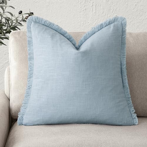 Image of Foindtower Decorative Linen Fringe Throw Pillow Covers Cozy Boho Farmhouse Cushion Cover with Tassels Soft Accent Pillowcase for Chair Sofa Bed Living Room Home Decor, 20x20 Inch,1PC,Light Blue