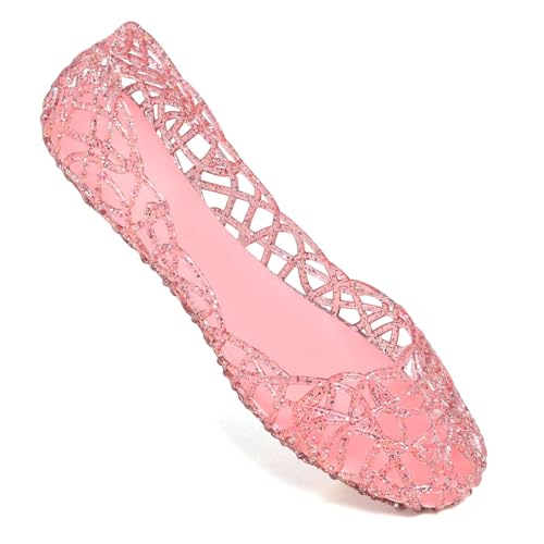Image of Stunner Women Beach Jelly Shoes Slip On Crystal Summer Hollow Ballet Flats | Summer Cool PVC Breathable Outdoor Indoor Dressy Flat Sandals for Holiday Shopping Spa Swimming Pool