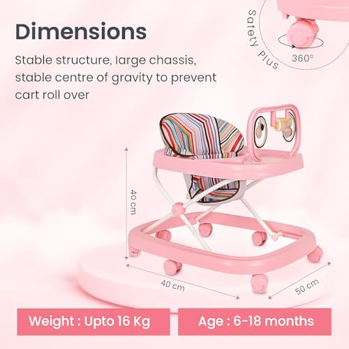 Image of Blushbaby 360 Baby Walker for 6-18 Months | 5-Height Adjustable Activity Walker with Cushioned Seat, Meal Tray & Toy Bar | Foldable & Lightweight Walker for Boys & Girls (Pink)