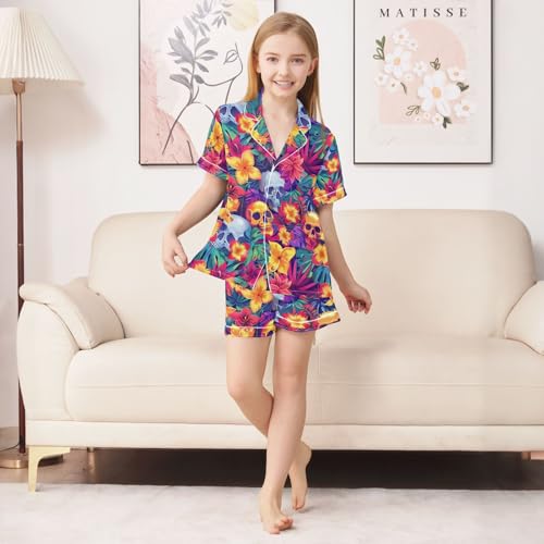 ALAZA Flower Blossom Sugar Skull Pajamas Satin Pajama Set Short Sleeve Button Down Sleepwear3