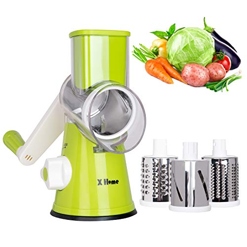 X Home Rotary Cheese Grater 3 Drum Blades Cheese Shredder Manual Vegetable Shredder Slicer Grinder with Strong Suction Base Easy-to-clean Green