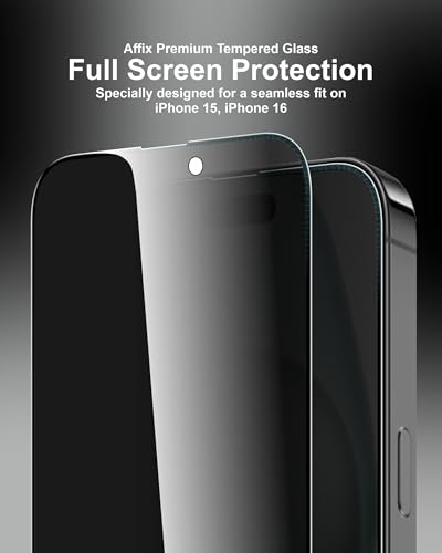 Image of Affix 2 Pack for Privacy iPhone 16 and iPhone 15 Full Coverage Tempered Glass, Screen Protector Guard with Easy Fix Installation Tool, 9H Hardness Shatterproof, HD Clear Scratch Resistant