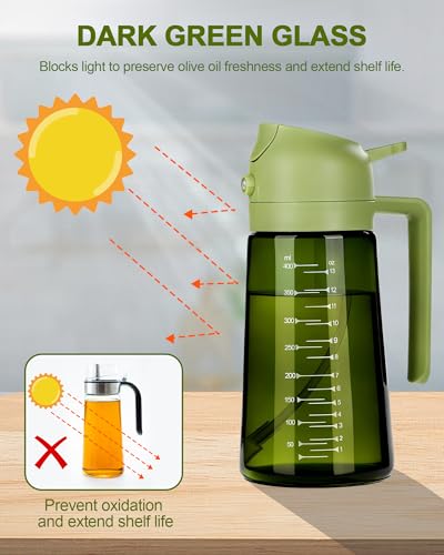 Miniatura 5 de Aceitera Spray Pulverizador 470ml, Dispensador de Aceite 2 en 1, Pulverizador Aceite Oliva de Vidrio Bloquea Luz, Aceitera Antigoteo Spray para Cocina, Freidora de Aire, Ensalada y BBQ (Verde)