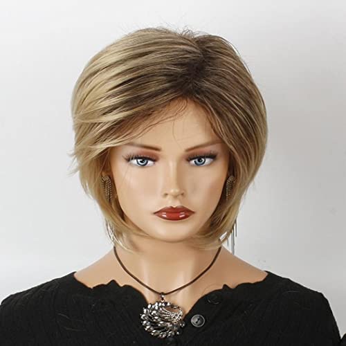 AIYLMZ Ladies Brown Short Fluffy Nature Side Part Wigs Blonde Short Straight Wigs for Women Hair Heat Resistant Full Wigs Short Layer Nature Hair (Gradient Blonde) - Image 4