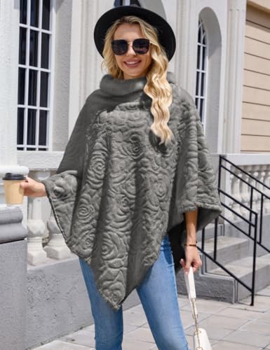 Ferand Women's Elegant Faux Fur Poncho Sweater with Rose Flower Pattern Cozy Warm Shawl for Winter4