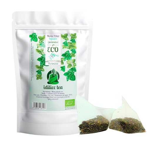 IDILICC TEA Infusion de Menta Poleo 100% Ecológico. 30 Pirámides. Bolsitas de Te de Mezcla de Hierbas Digestivas y Refrescantes. Ayuda a Eliminar Gases. Infusiones a Granel. Infusiones Variadas