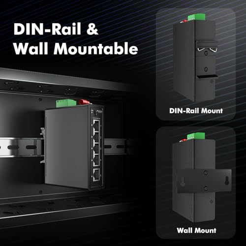 Image of MokerLink 5 Port Industrial Din Rail Gigabit Switch, 4 x 100 /1000Mbps Ports, 1 Gigabit Uplink, Mini Size, Metal DIN-Rail & Wall Mount Ethernet Switch