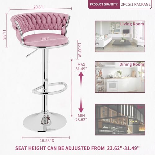 Image of Lamerge Velvet Bar Stools Set of 2,Swivel Bar Chairs Counter Adjustable Height Barstools with Back & Footrest,Upholstered Kitchen Island Chairs for Pub(2PCS Pink)