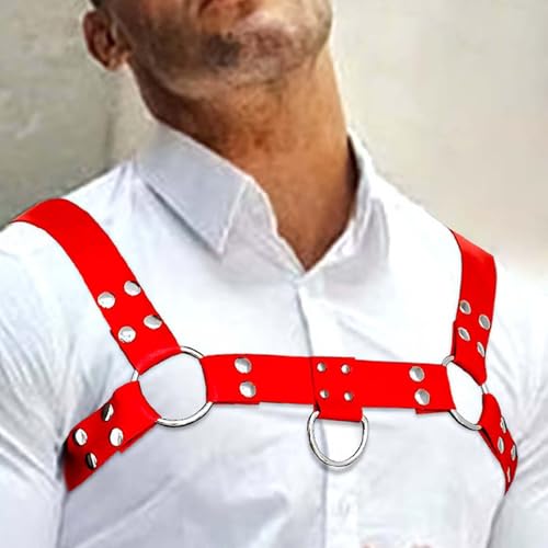 Fstrend Men's Harness Leather Chest Belt Rivets Red Shoulder Strap Fashion Rave Body Accessory4