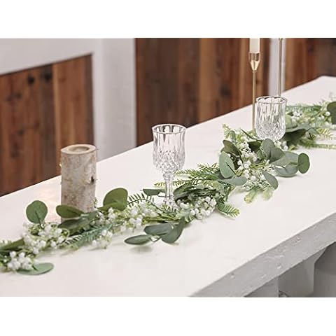 MISSPIN 6.07FT Artificial Eucalyptus Garland with White Gypsophila Fake Eucalyptus with Fern Hanging Greenery Vines for Wedding Table Runner Doorways Indoor Outdoor Decoration Cover