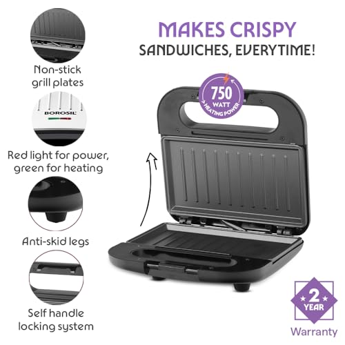 Image of Borosil Grill Sandwich Maker | Can Make 2 Large Sandwich | Made in India, BIS Approved | Nonstick Coated Plates, Even Grilling | Cool Touch Handle | Indicator Light | 2 Years Warranty (Grill Mate)