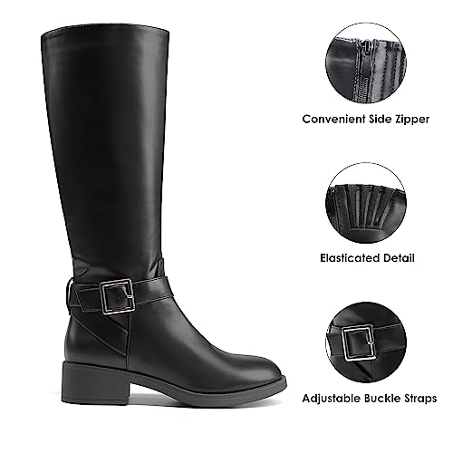 DREAM PAIRS Women's Knee High Riding Boots Comfortable Low Chunky Heel Side Zipper Round Toe Casual Classic Ranching,Size 8.5,Black,SDKB2307W