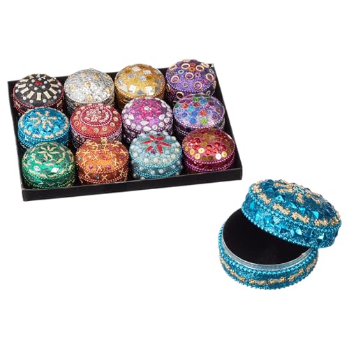 MIJOMA Lot de 12 boîtes à bijoux orientales en aluminium multicolores Ø 5,5 cm x H 3,5 cm avec paillettes et paillettes