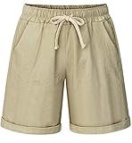HOW'ON Women's Elastic Waist Casual Comfy Cotton Beach Shorts with Drawstring Khaki XXL