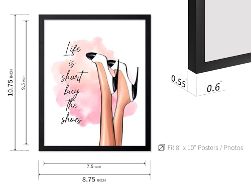 Image of Poster Master Life is Short Buy The Shoes Poster - Fashion Print - Trendy Art - Modern Art - Gift for Her & Fashionista - Luxury Haute Couture Decor for Bedroom or Girls Room, 8x10 Black Framed