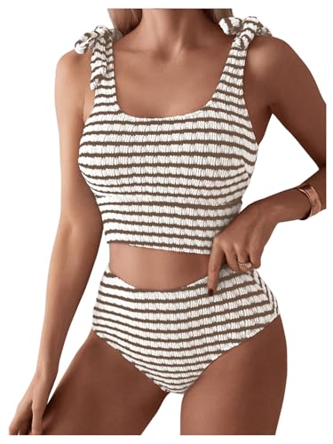 SOLY HUX Women's Striped Tankini Sets Tie Shoulder High Waisted Swimsuits Two Piece Bathing Suit