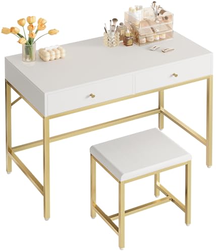 Image of SUPERJARE 31.5 inch White and Gold Desk with 2 Drawers, Modern Makeup Vanity