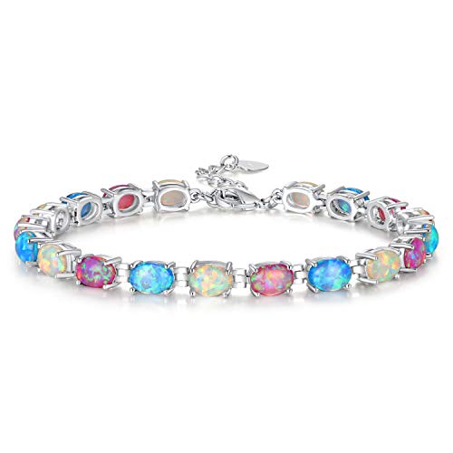 CiNily Opal Tennis Bracelet for Women 14K White Gold Plated Adjustable Oval Shape Gemstone Bracelet Opal Jewelry
