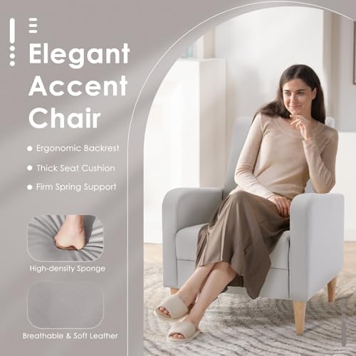 Image of COLAMY Mid-Century Modern Accent Chairs Set of 2, Faux Leather Upholstered Living Room Chairs with Back Pillow & Solid Wood Legs, Comfy Armchair for Living Room, Bedroom, Single Sofa, Light Grey