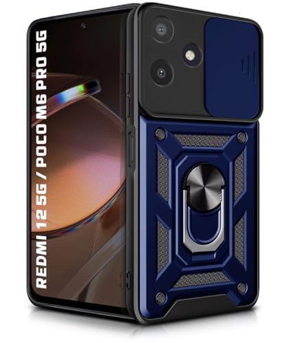 WOW IMAGINE Tough Armor Bumper Mobile Back Case for Mi Redmi 12 5G | Poco M6 Pro 5G | Sliding Camera Shield Cover | Shock Proof 360° Protection | Hybrid PC + TPU | Ring Holder with Kickstand – Blue