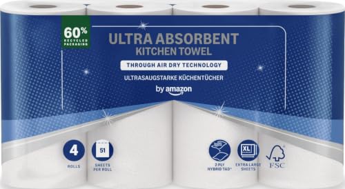 by Amazon Rollo de Cocina TAD Ultraabsorbente, 4 Rollos (Paquete de 1), 51 Hojas por Rollo, Certificado FSC