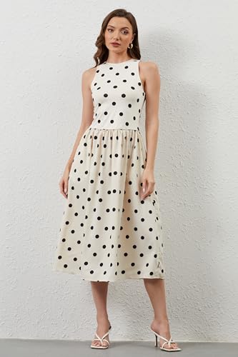Image of TERIVEEK Women Summer Polka Dots Sleeveless Midi Dress Casual High Neck Patchwork Tank Sundress Boho Flowy Dress with Pockets