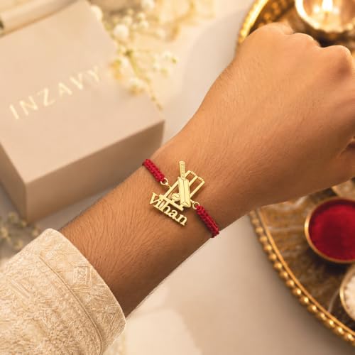 Image of Sports rakhi with name for Brother | name rakhi for brother | Cricket, Football, Batminton & More Sports Designs | Raksha Bandhan Gift for Bhai. (Cricket Bat & Wicket)