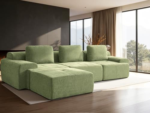 Image of 122 inch L-Shaped Modular Sectional Sofa, Oversized Boneless Cloud Couch for Living Room with Extra Deep Seat & High Back, Tool-Free No Assembly, Soft Chenille (Olive Green, 122 inch-L Shaped（3+1）)