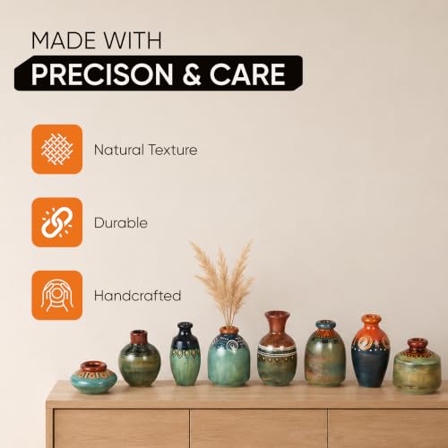 Image of Aakriti Art Creations Myriad Hues Terracotta Miniature Decor Vases Set of 8 | Multicolor Modern Art Flower Vases | Matte Finish Decorative Vases for Living Room, Table Decor & Gifting