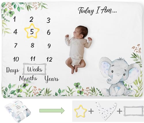 Image of Baby Milestone Blanket, 60"x40", Baby Month Blanket for Unisex Babys, First Year Calendar Monthly Growth Chart, (Light Gray Elephant)