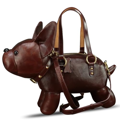 Genuine Leather Purses and Handbags for Women Unique Handmade French Bulldog Shape Crossbody Shoulder Bag Vintage Satchel