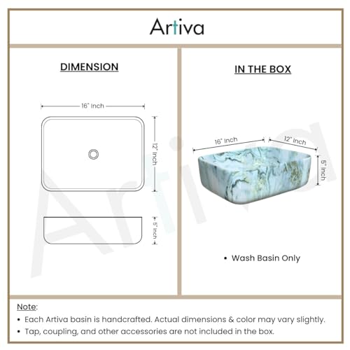 Image of Artiva Ceramic Wash Basin /Tabletop Washbasin For Bathroom,12 inchx16 inch /Small Countetop Bathroom Basin /Table Top Basin For Home,Office,Hotel /Rectangle Glossy Sink (Osian Green,12x16 Inch)