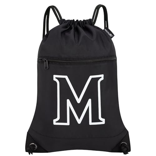 Image of HOLYLUCK Drawstring Bags Initial Backpack Sackpack Cinch Bags for Sports, Gym, Travel, Beach (Black-M)