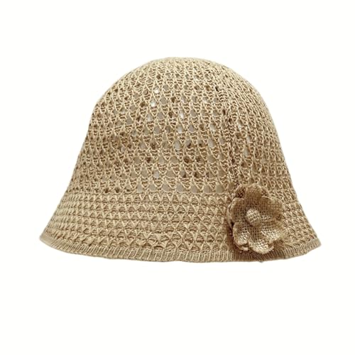 Women Crochet Bucket Hat Woven Sun Hat Flower Summer Beach Fisherman Hats Cap Khaki