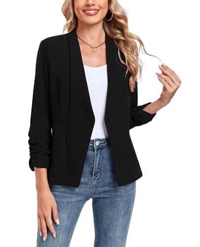 MINTLIMIT Womens Blazer 3/4 Rcuhed Sleeve Button Lightweight Collarless Blazer Business Work Office Jacket Blazers4