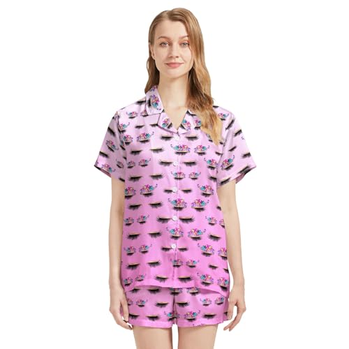 Image of Silk Satin Pajama Set for Women Summer Lounge Pjs Sets 2 Piece Suit Ladies Button Down Tops And Shorts Sleepwear