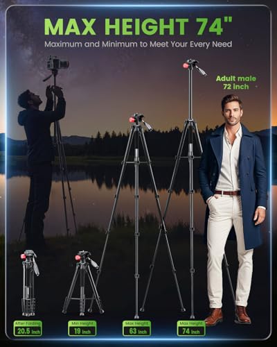 CAMBOFOTO 74"-Camera-Tripod, Porfessional Aluminum Heavy Duty Tripod Stand for Mirrorless Camera/DSLR/Cell Phone/Camcorder, with Holder and Travel Bag