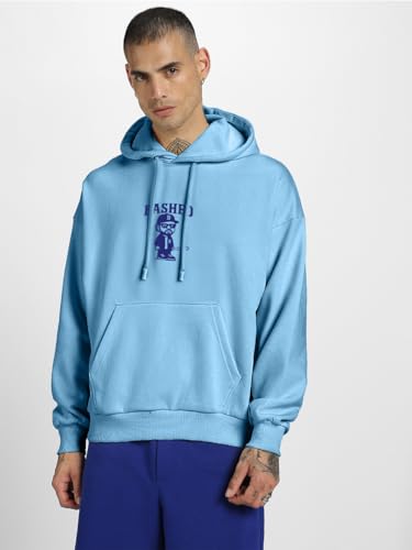 Image of Veirdo Polycotton Spun Oversized Fit Hooded Sweatshirt Full Sleeves Front Chest Graphic Printed Drop Shoulder Jumper Hoodie for Men (Colors: Blue, Black, Gray, Smoke Pine & Peach)