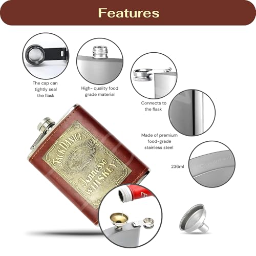 Image of Stainless Steel Hip Flask for Men & Women 8oz (236ml) - Whisky Flask Vodka Alcoholic Liquor Holder with Funnel Drinks Pocket Carrying Case - Leakproof Travel Flasks for Drinks, (Brown No.2)