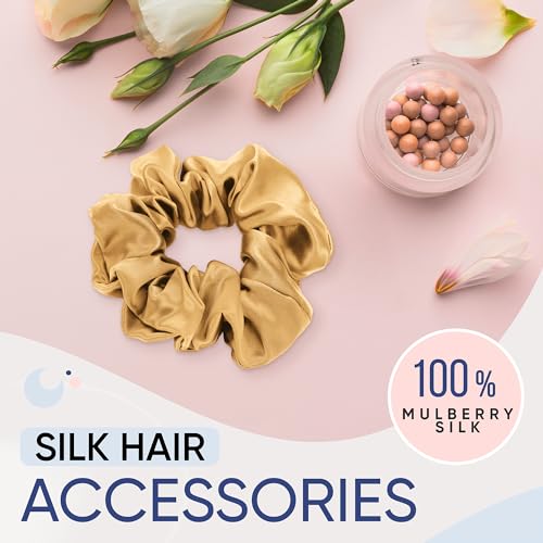 Image of Blissy Silk Scrunchies (3 Pack) - 100% Pure Mulberry Silk - 22 Momme 6A High-Grade Fibers Scrunchie for Straight & Curly Hair - Preventing Breakage, Tangling, & Creasing (Gold Regular)