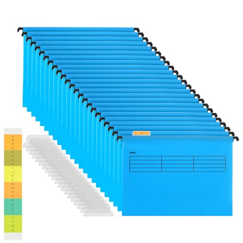 AKOLAFE 20 Pack Suspension Files A4 Hevy Duty Filing Cabinet Suspension Files A4 Filing Cabinet Dividers Foolscap Blue Hanging Files with Tabs and Inserts for Office Home and School