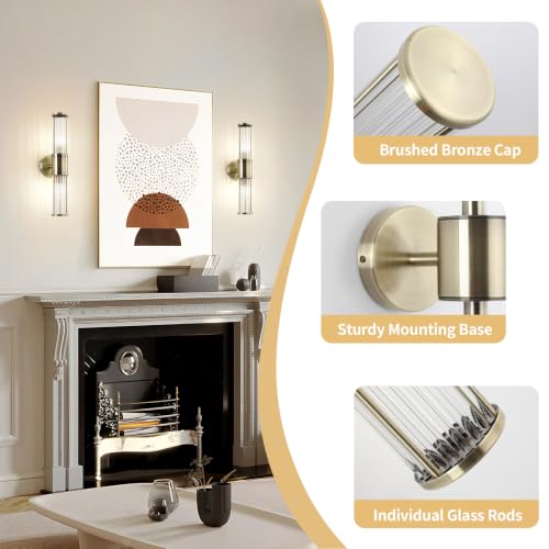 Image of Modern Vanity Light Fixture, Brushed Bronze Wall Sconce with Glass Rod Shades, 2-Light Bathroom Mirror Lighting for Bronze Bathroom Light Fixture & Makeup Application (Bulbs Not Included)