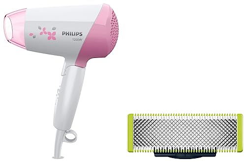 Image of Philips Hair Dryer HP8120 /00-1200Watts, ThermoProtect, Cool Shot for Quick Drying with Care, Pink QP210 /50 Oneblade Replaceable Blade (Lime)