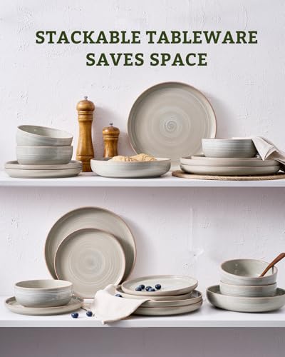 Image of Famiware Meteor Stoneware Dinnerware Sets with Pasta Bowls, Service for 4 (16 Pieces), Plates and Bowls Sets, Microwave and Dishwasher Safe Dishes Set, Matcha Green