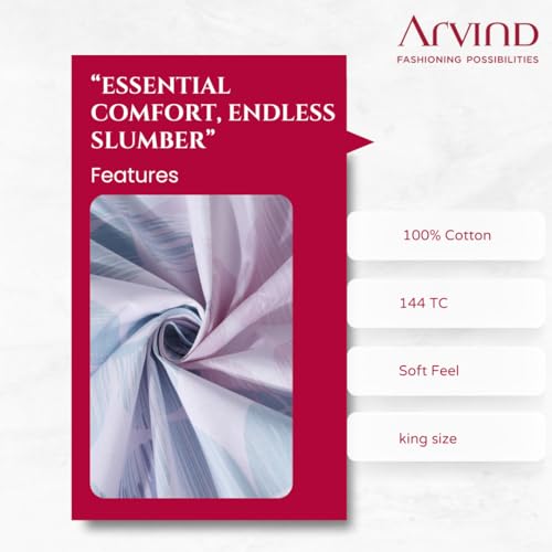 Image of Arvind Bedsheet Set - 100% Cotton Bedsheet for Double Bed (1 King Size Bedsheet with 2 Pillow Covers) Soft Breathable, 144 Thread Count - Slumber -Shade 3(21024-A) | Natural