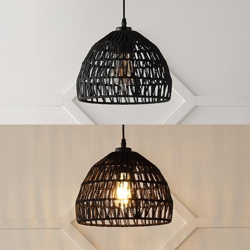 Image of JONATHAN Y 10.25 inch Black Modern Bohemian Woven Rope LED Pendant Light Fixture, Adjustable Dome Ceiling Lamp for Kitchen Island, Rope Shade, Coastal Farmhouse Decor (JYL6513B)