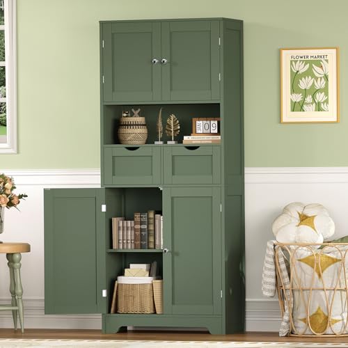 Image of TEENFON 57.8 inch H Tall Bathroom Storage Cabinet with 2 Drawers & 2 Adjustable Shelves, Floor Cabinet with 4 Doors, Tall Cabinet for Living Room, Dining Room, Entryway, Forest Green