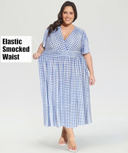 Image of CARCOS Plus Size Dresses for Curvy Women V Neck Summer Maxi Dress Short Sleeve Floral Boho Dress Smocked Waist Beach Dress